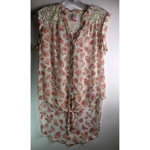 No Boundaries Sleeveless Sheer Floral V-Neck Hi-Low Women's Top Lace Sz M (7-8)
